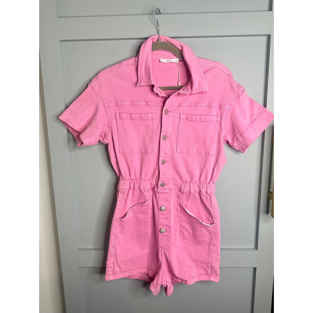 Tallulah Pink Denim Short Sleeve Romper Button Front DM1012-TAL Small